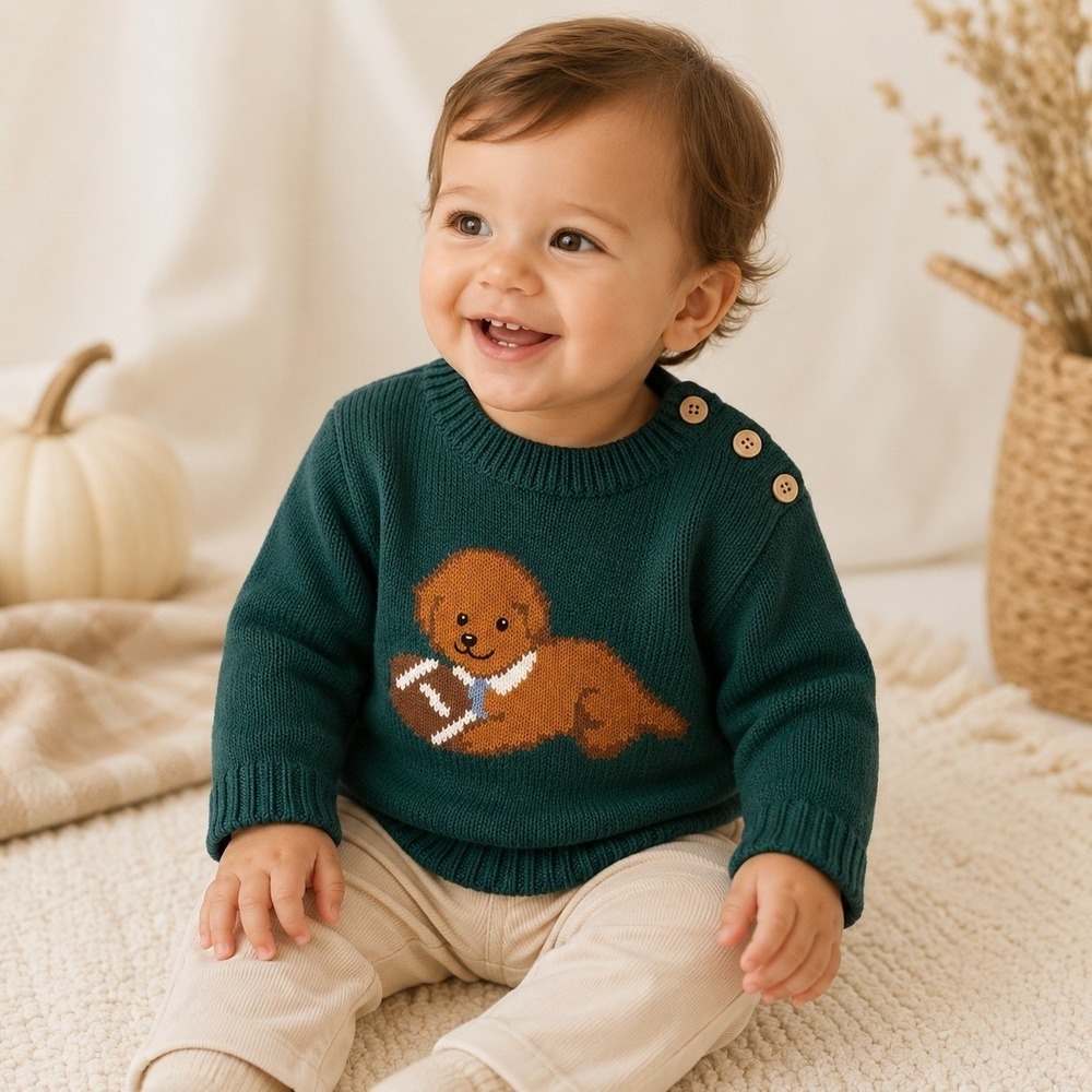 Picolette by Olivia Culpo Baby Oliver Football Dog Knit Sweater Green 12-18M NEW